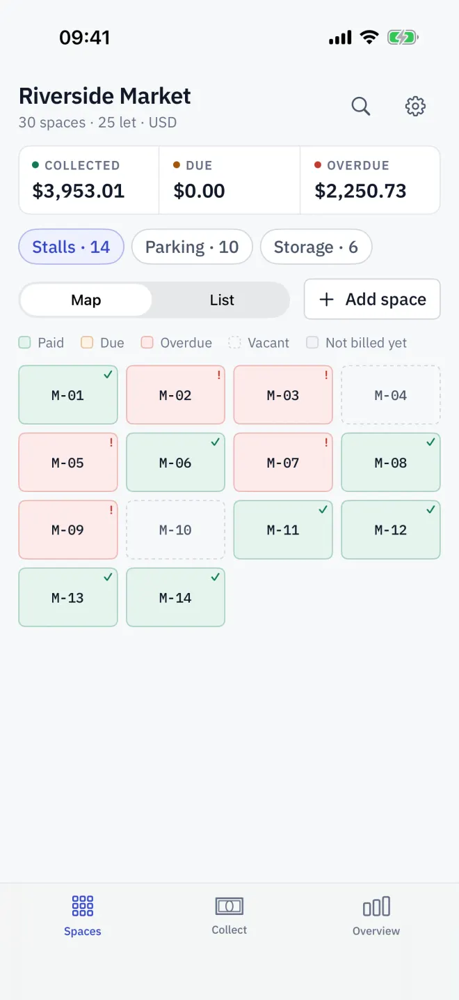 The Spaces tab on the plan: key figures, zone chips and every space in its status colour.