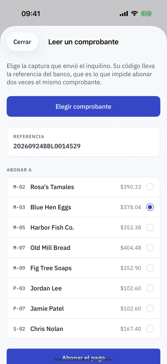 La referencia de un comprobante leída y asignada al espacio que pagó.