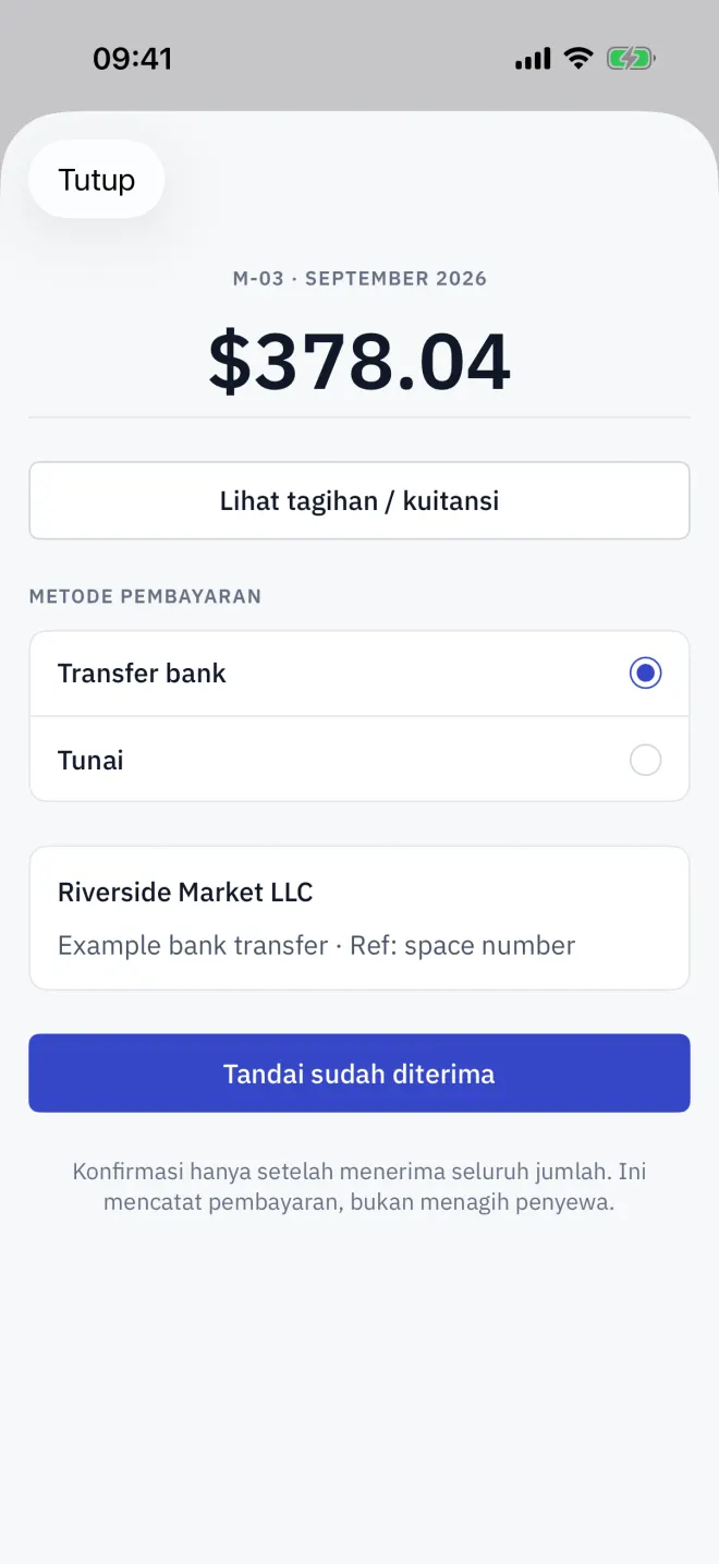 Lembar pembayaran dengan kode QR yang memuat nominal pas.