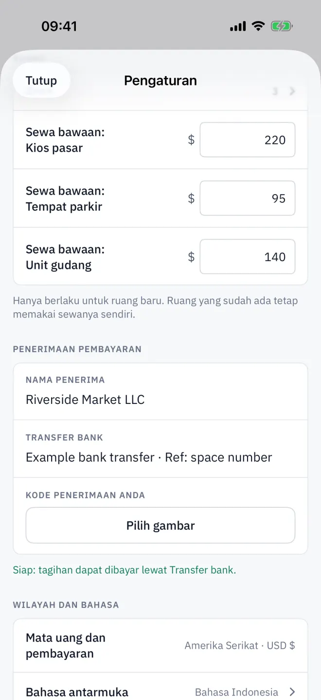 Pengaturan → Penerimaan pembayaran: nama penerima, ID pembayaran, kode penerimaan Anda, dan baris kesiapannya.