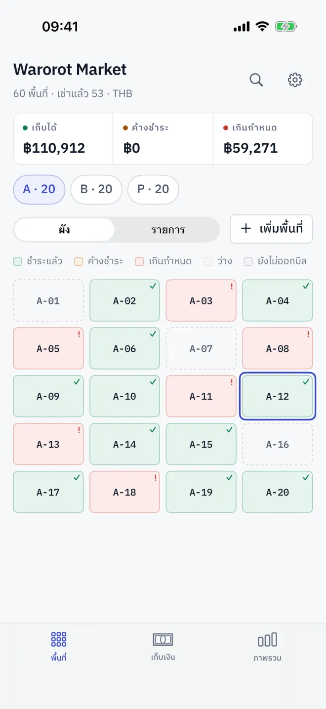 แท็บพื้นที่ในมุมมองผัง: ตัวเลขสำคัญ ชิปโซน และทุกพื้นที่ในสีตามสถานะ