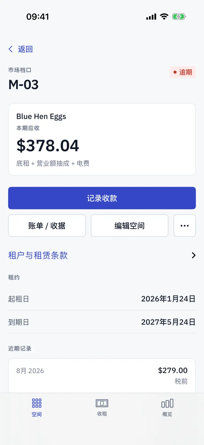 空间页面,“近期记录”列出最近已结束的账期。